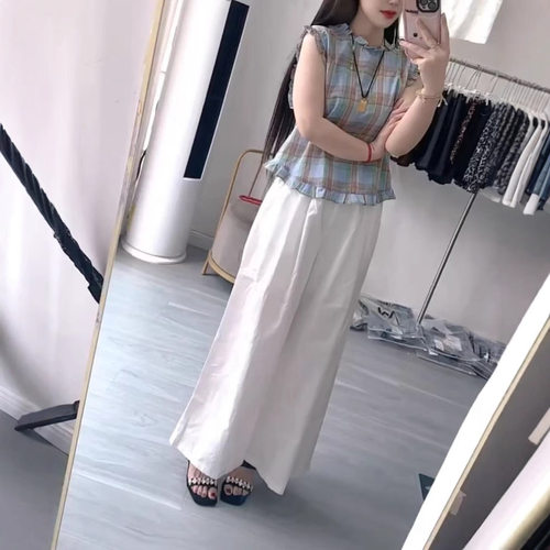 英系coss koko夏季新绝美减龄无袖格子上衣宽松垂感长裤女