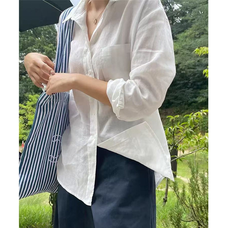 法国chrry koop法式棉麻防晒白色衬衫女长袖薄款宽松外搭衬衣