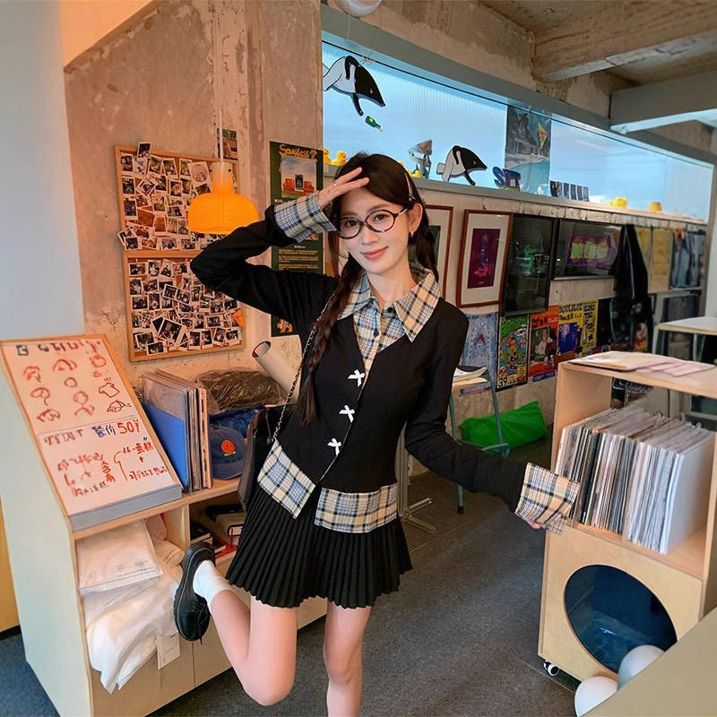 法国chrry koop韩系学院风假两件格子针织开衫女秋冬季收腰显瘦