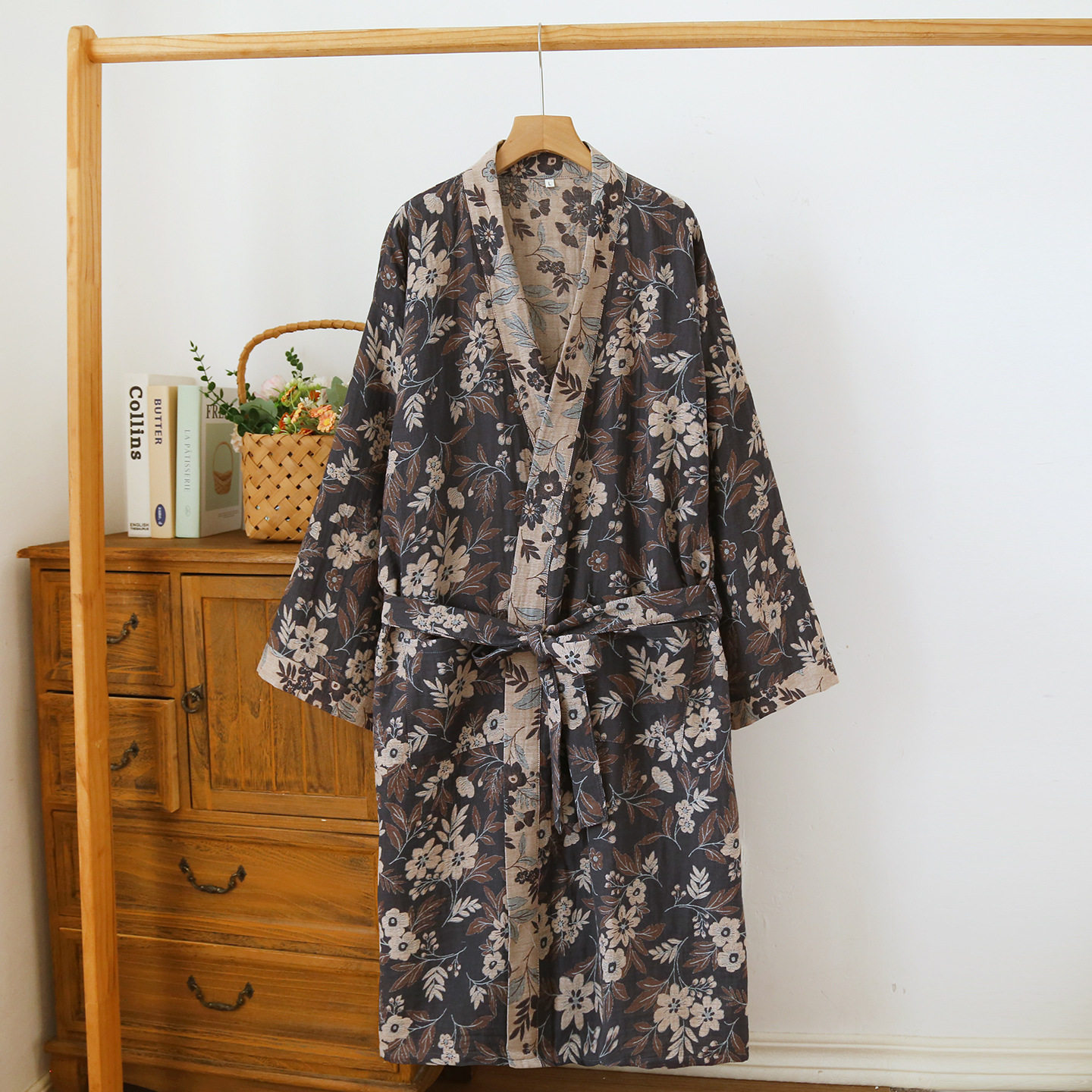 法国gentle motto复古提花睡袍女春秋薄款棉色织纱布和服睡衣宽松