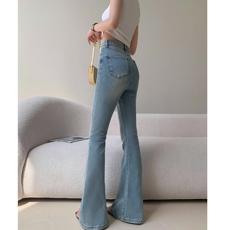 法国chrry koop复古水洗做旧高腰牛仔裤女夏季修身显瘦喇叭裤子