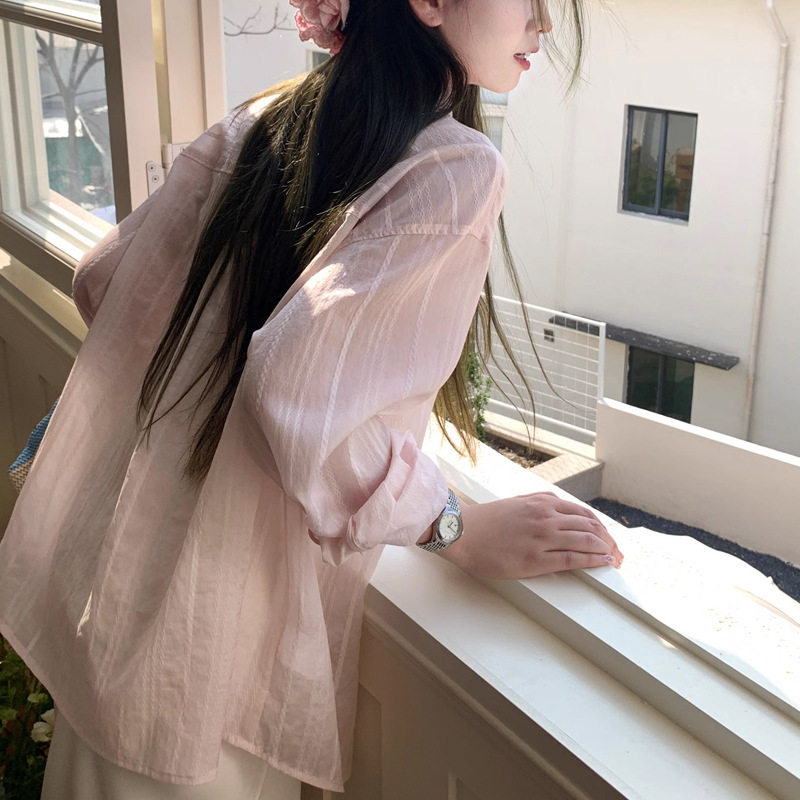 法国CherryKoko粉色天丝防晒衬衫女上衣夏季薄款外套女宽松显瘦