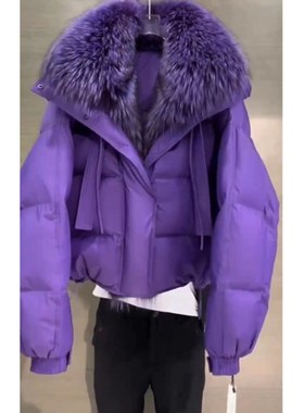 英系coss koko冬季新款紫色连帽毛领棉服宽松显瘦外套