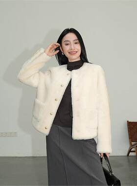 冬季美利奴皮毛一体短款女外套