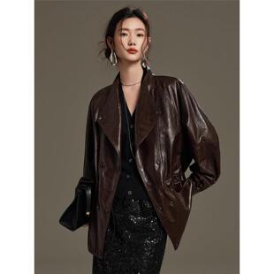2026新款真皮皮衣外套女高端油蜡绵羊皮海宁修身气质单皮风衣