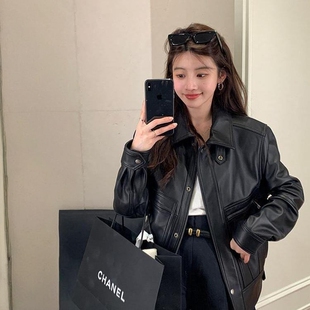 2026新款女装春款宽松绵羊长袖拉链皮夹克真皮皮衣翻领外套女