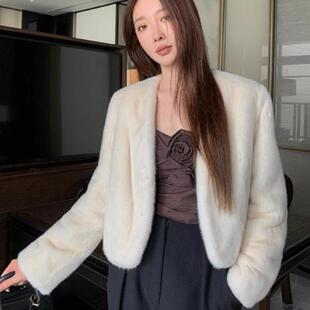 水貂毛皮草洋气外套 貂皮大衣女V领短款 新款 进口天鹅绒温柔年轻款