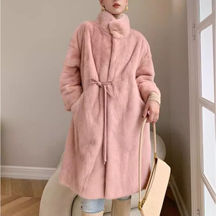 2025立领水貂毛皮草中长款天鹅绒级粉色显瘦海宁貂皮大衣女冬款外