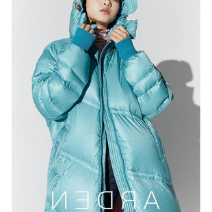 冬季新款韩版设计师95白鹅绒亮面湖蓝加厚长款宽松连帽收腰羽绒服