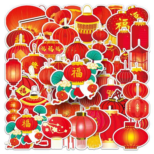 中式美学国潮红灯笼涂鸦贴纸防水