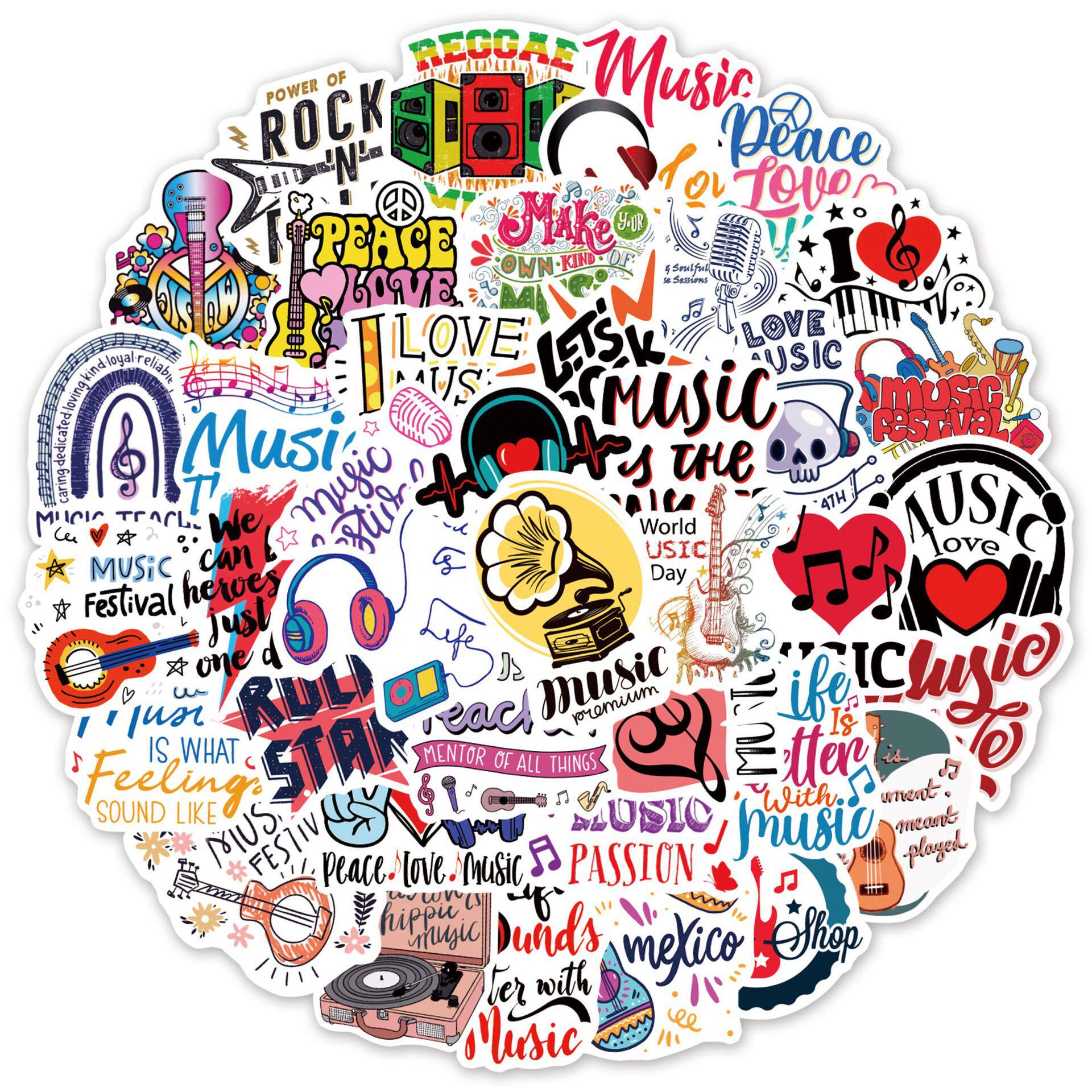50张music音乐文字涂鸦水杯贴纸防水吉他手机后壳装饰笔记本贴画