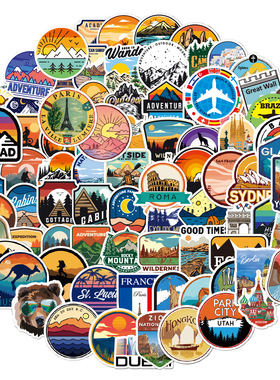 100张旅行地标探险风景户外钓鱼涂鸦贴纸笔记本电脑平板吉他行李箱拉杆箱汽车滑板车头盔水杯装饰贴画防水diy