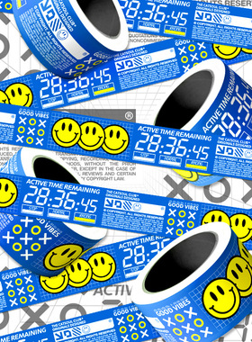 原创个性潮流微笑蓝色酸性多巴胺笑脸长条不干胶行李箱贴纸胶带笔记本电脑汽车摩托车头盔划痕装饰防水贴画5m