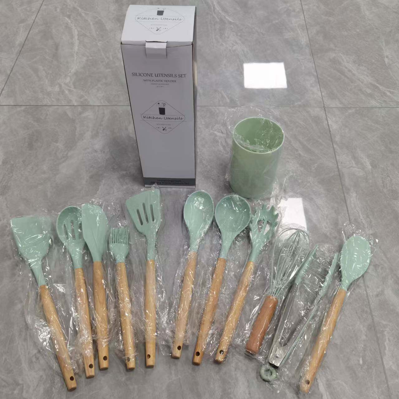硅胶厨具12件套马卡龙色带收纳桶榉木手柄厨房烹饪意粉爪铲勺套装