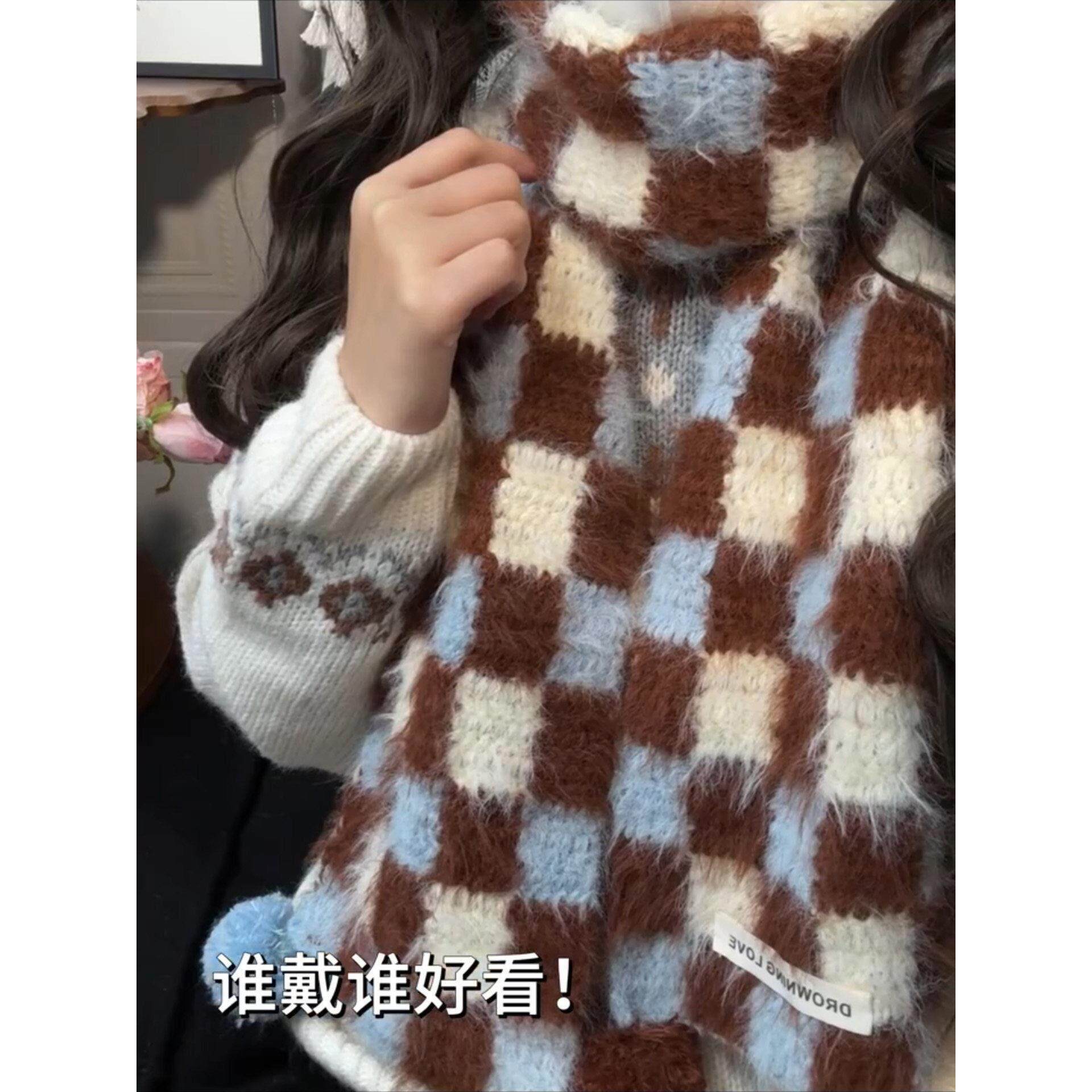 三色棋盘格围巾雪花纱保暖围脖手工diy毛线编织秋冬送男女生朋友