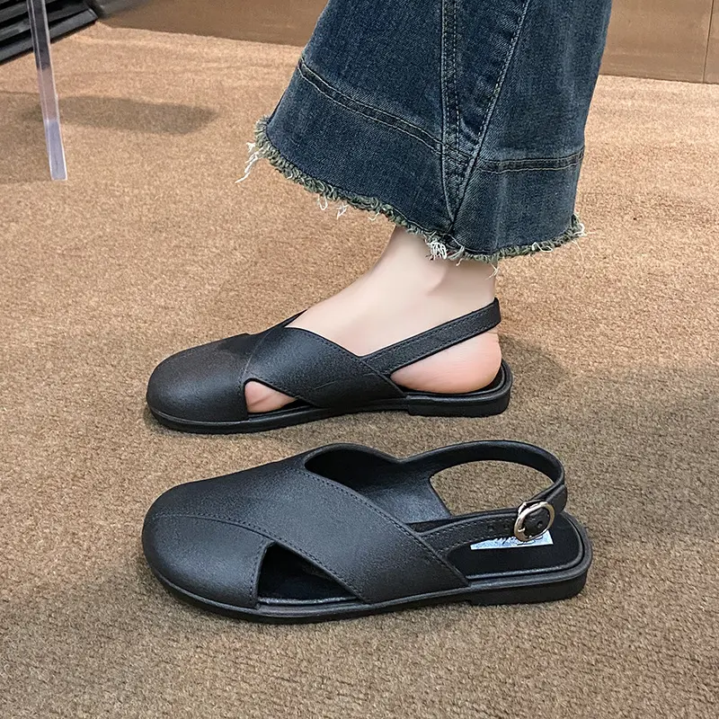 法式晚风拖鞋女夏季外穿2025新款复古包头凉鞋女高级感平底沙滩鞋