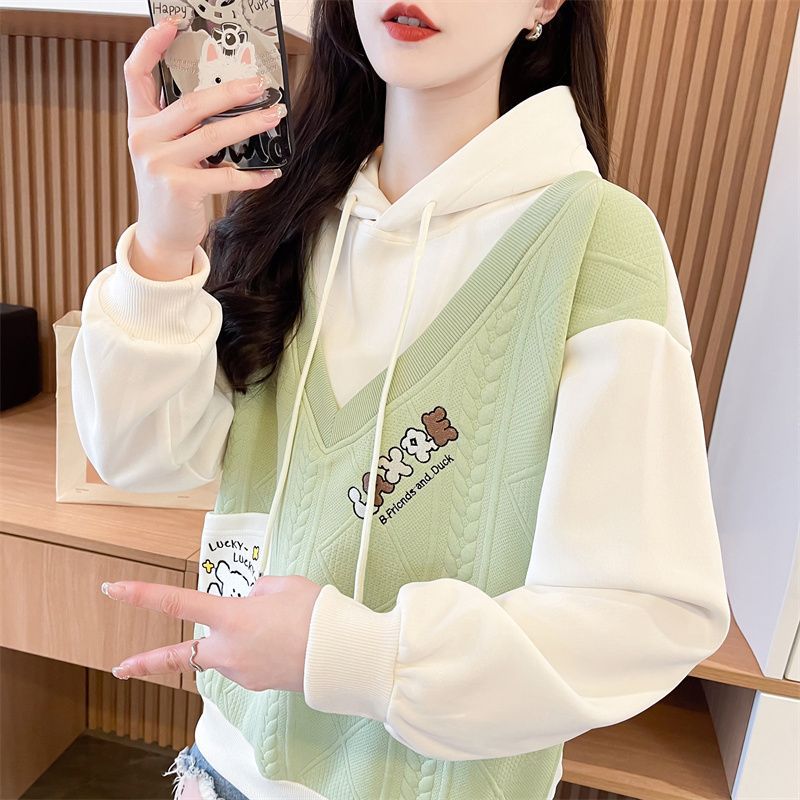 假两件连帽卫衣女春秋薄款2025新款宽松韩版小个子高级感上衣
