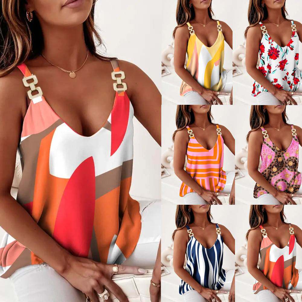 2022亚马逊爆款欧美风夏季外穿链条吊带印花女士宽松低领背心上衣