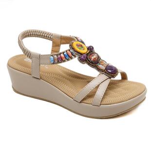 波西米亚鞋 大码 女鞋 19新款 4坡跟串珠轻便简约淑女鞋 凉鞋 2115 韩版