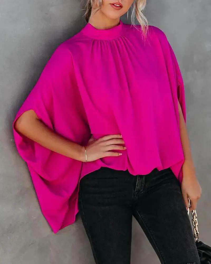 Women Batwing Sleeve Plicated Detail Top欧美宽松蝙蝠袖上衣