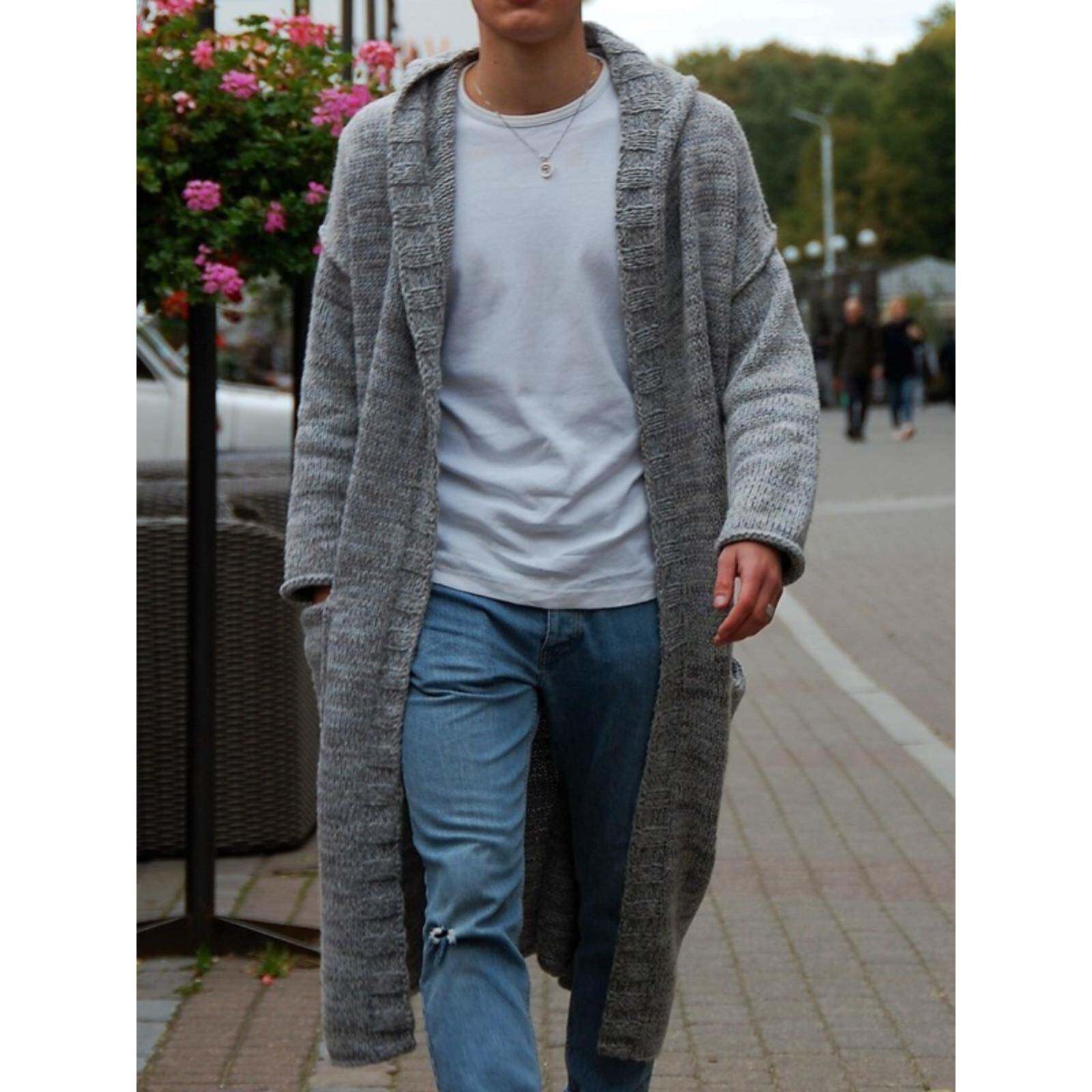 薄款宽松男长款连帽开衫毛衣Loose fitting long hooded cardigan