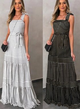 欧美风夏季时尚格仔条纹连衣裙亚马逊独立站新品波西米亚吊带长裙