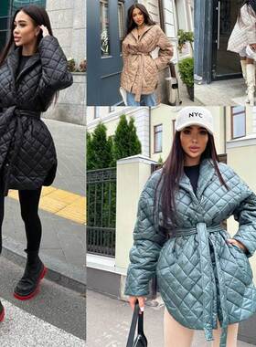 2022欧美冬修身绑腰带翻领长袖格纹前短后长中长款个性女棉衣外套