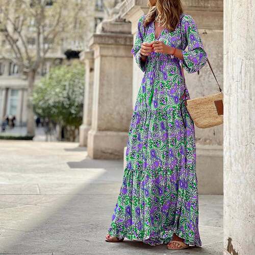 Women Long Sleeve Floral Boho Dress长袖v领波西米亚连衣裙夏季