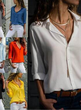 2018秋冬季女装ebay亚马逊爆款长袖女士翻领纽扣衬衫上衣 3062