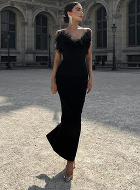 new black V-neck dress for women包臀黑色礼服连衣裙