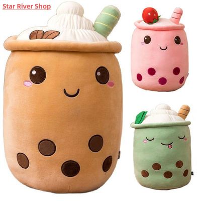 Cute Boba Milk Tea Plushie Toy Soft Stuffed Apple Pink Straw