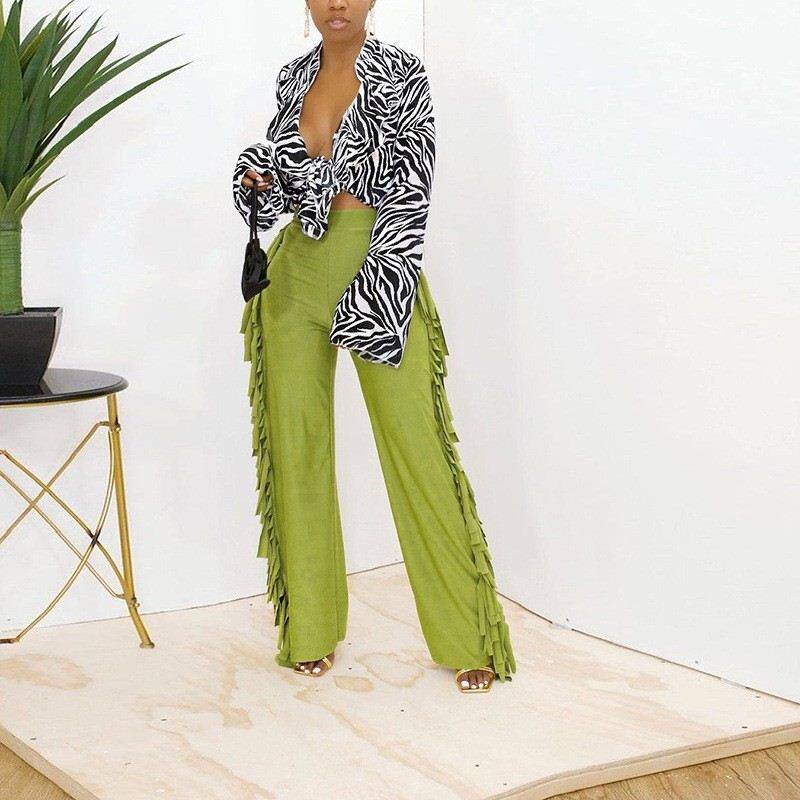 loose casual high waist long pants时尚流苏纯色高腰宽松休闲裤
