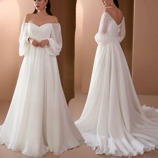 line Women dress白色一字領女士連衣裙 long white neck 2024
