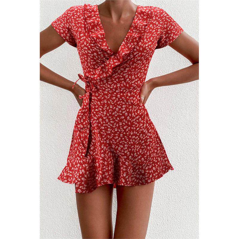 V-neck Bandage Short Dress for Lady Chic Flowers Mini Dress