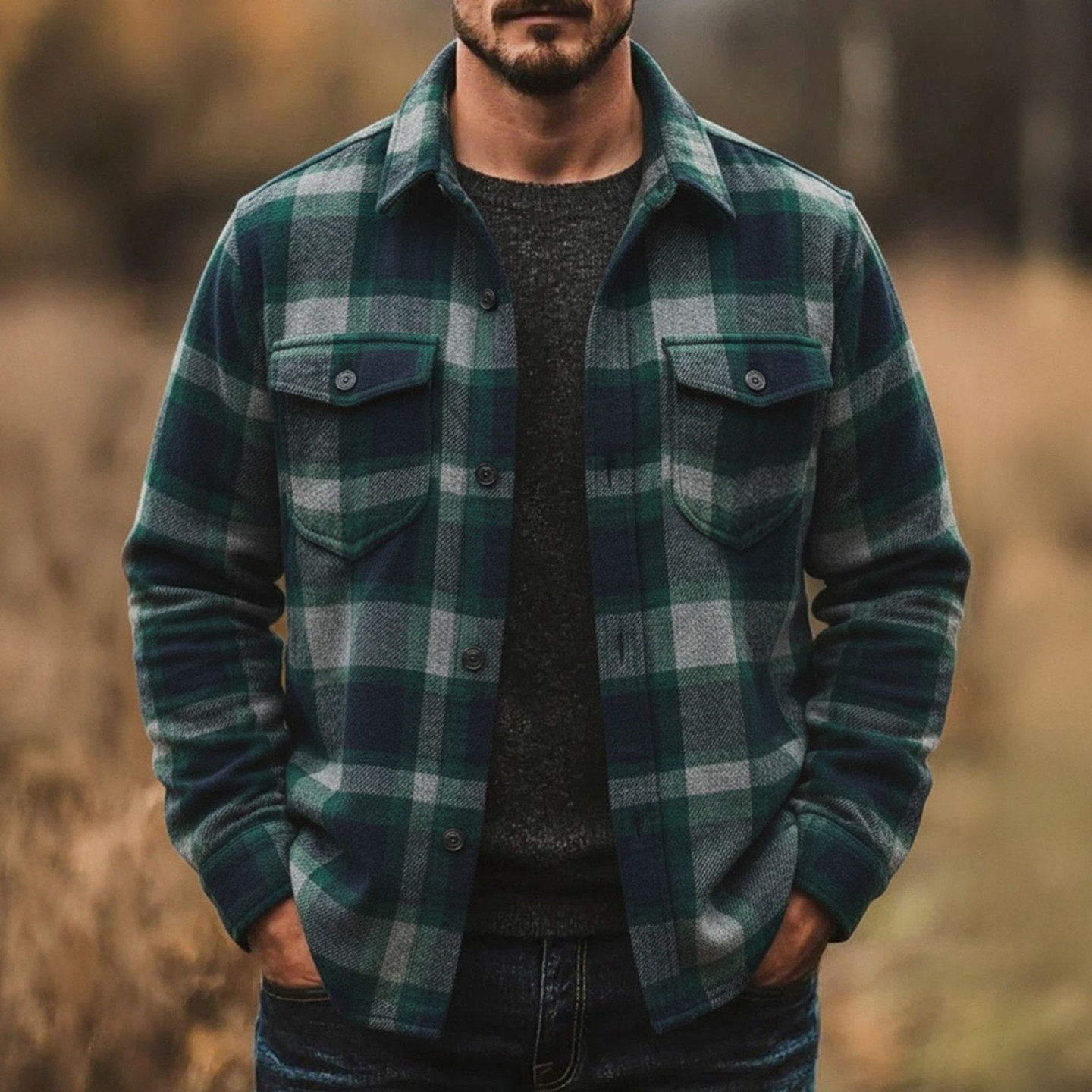 Men's Shirt Jacket 2026欧美男士经典格子花纹衬衫长袖衬衣外套