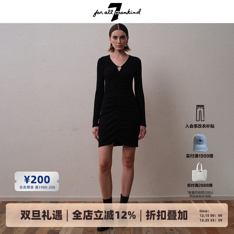 7 For All Mankind新品短裙子黑色V领抽褶裙纯欲高级重金属