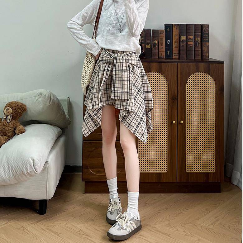 假两件衬衫格短子裤裙女6夏复季202新款宽松垂坠M-ZBB262感古休闲