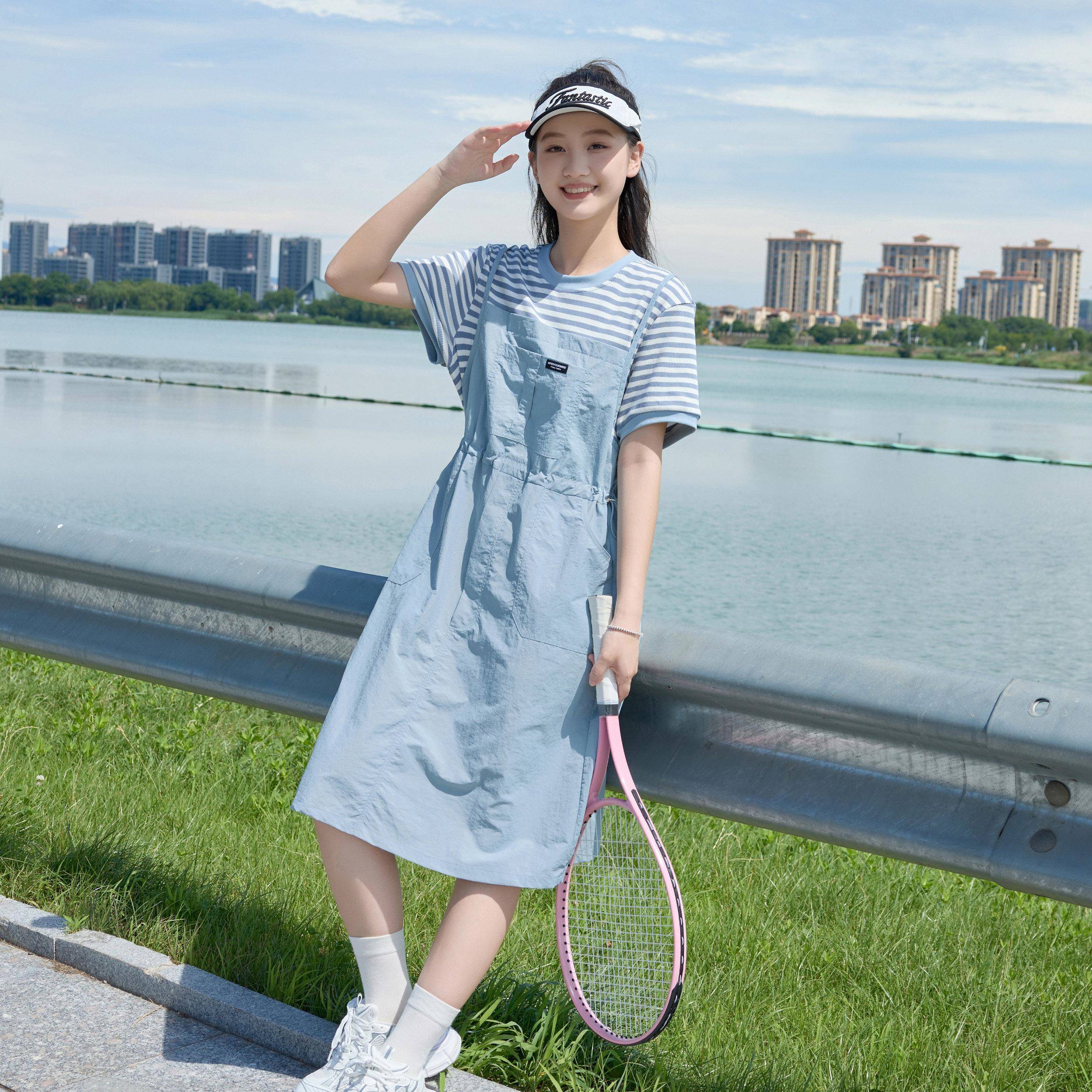 85353初中生洋青女假两件装女大童夏季减龄学圆领条生少纹拼接抱