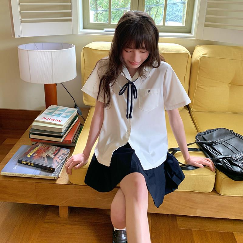 东京岁时记JK制服刺短袖AEC衫学士服毕夏可爱衬衬衫开 襟白衬绣衫