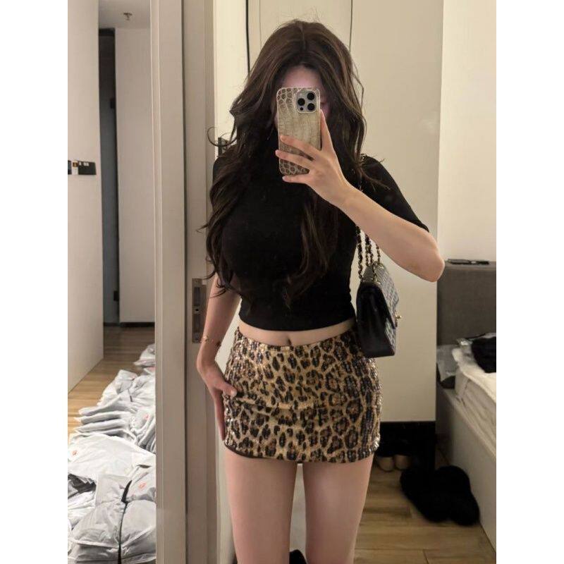 性感辣妹套装女夏季巨好看黑色中袖上衣御姐豹纹包臀半身裙两件套