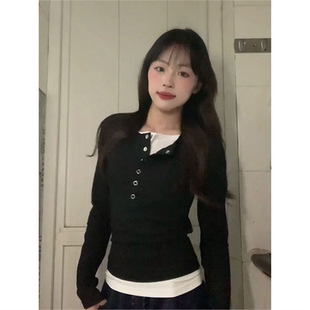 iiiamX黑色v领假两件长袖t恤女秋2025新款修身紧身内搭打底衫上衣