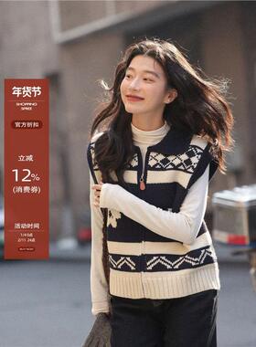 觅定费尔岛翻领提花针织马甲背心女冬季外穿马夹巨好看叠穿上衣
