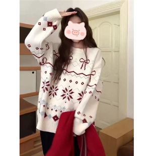 吵吵家新年加厚毛衣女冬季杏色圆领毛衫上衣宽松慵懒高级感针织衫