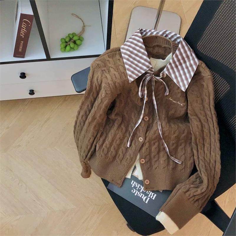 美式灰色麻花polo领假两件毛衣外套女秋冬季修身短款针织开衫上衣