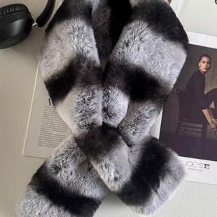 龙猫百搭时尚保暖加厚撞色简约围脖女秋冬毛毛围巾仿皮草2025新款