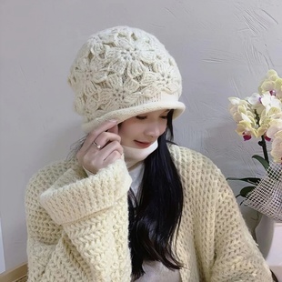 毛线帽子女士洋气秋冬2025爆款保暖显脸小堆堆帽手工勾花针织帽