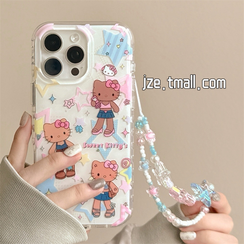 韩风可爱黑皮哈喽kitty猫带链条适用苹果15手机壳iphone16ProMax新款15promax甜酷13少女心16pro全包14保护套