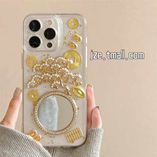 滴胶金箔摇钱树镜面适用苹果15手机壳iPhone16ProMax新款15pro防摔13女款小众12硅胶14pro奢华高级感全包软壳