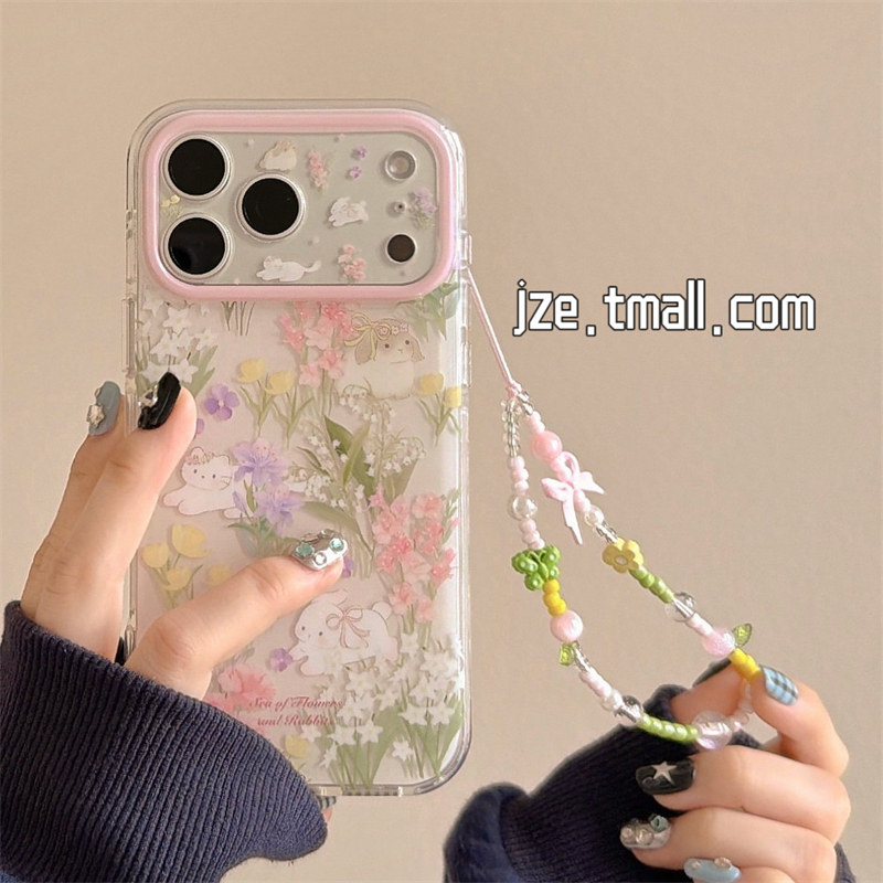 jze少女心ins油画花朵猫咪小兔适用苹果17ProMax手机壳iphone15新款16pro卡通可爱17pro双层14全包防摔手机套