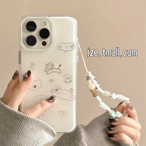 韩风简约白色可爱小动物涂鸦适用苹果15手机壳iphone16promax新款15pro防摔13带挂绳女款12双层14pro全包软壳
